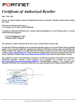 Certificate of Authorized Reseller
